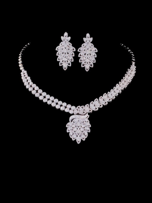 L.WIN Brass Cubic Zirconia Luxury Leaf Earring and Necklace Set