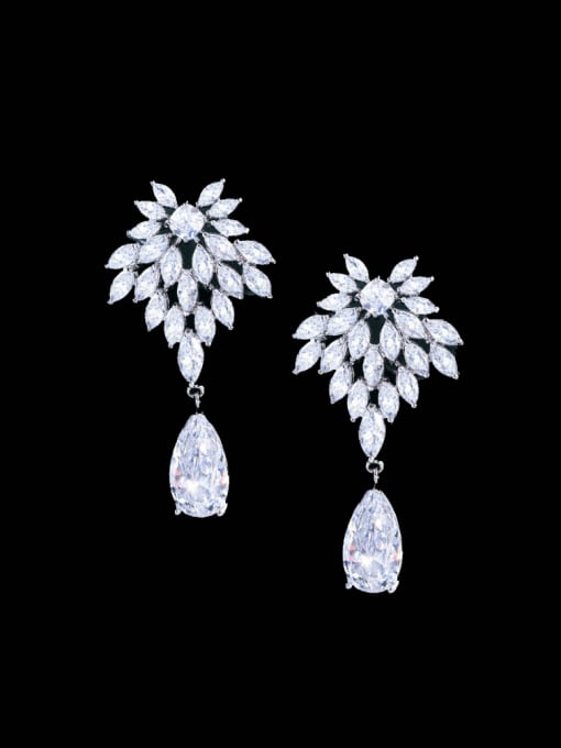 E0651 platinum Brass Cubic Zirconia Flower Statement Cluster Earring