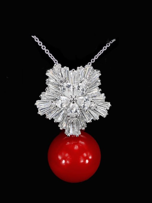 Red Pearl Brass Cubic Zirconia Flower Dainty Necklace