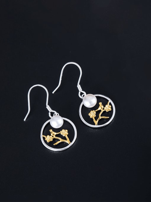 SILVER MI 925 Sterling Silver Imitation Pearl Bird Minimalist Hook Earring 0