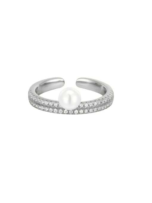 White gold diamond studded pearl ring 925 Sterling Silver Cubic Zirconia Geometric Minimalist Band Ring