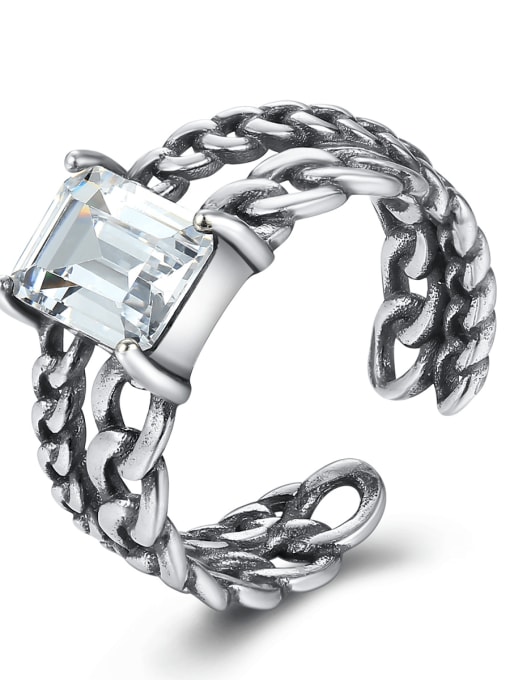 CCUI 925 Sterling Silver Square cubic zirconia. Antique twist chain band ring