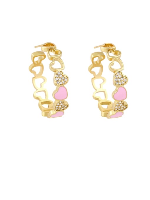 Pink Brass Cubic Zirconia Enamel Heart Minimalist Huggie Earring