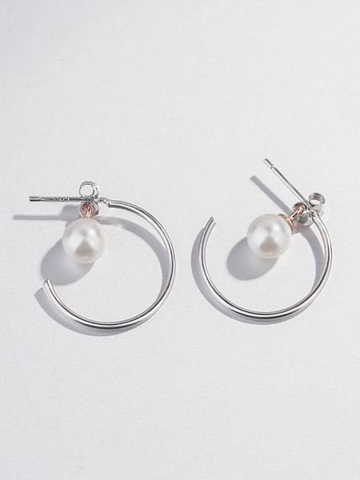 Silver Stud 925 Sterling Silver Imitation Pearl Geometric Minimalist Hoop Earring