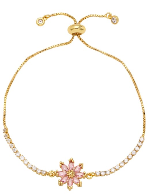 Pink Brass Cubic Zirconia Flower Minimalist Adjustable Bracelet