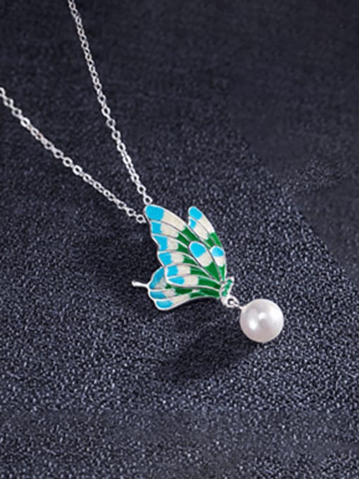 SILVER MI 925 Sterling Silver Imitation Pearl Enamel Butterfly Vintage Necklace 2
