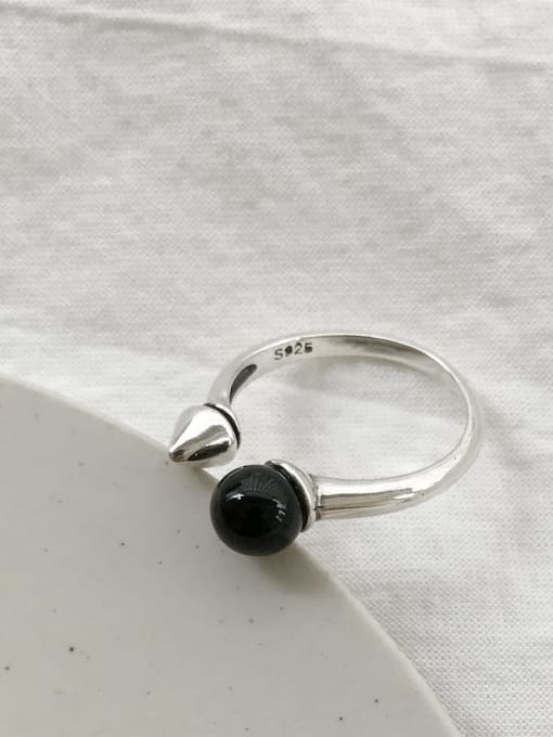 J 152 Black Agate Round Ring 925 Sterling Silver Round Vintage Free Size Ring