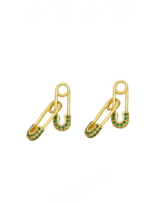 green Brass Cubic Zirconia Geometric Pin Cute Huggie Earring