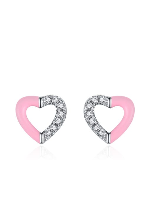 Pink Heart Earrings 925 Sterling Silver Enamel Bowknot Minimalist Stud Earring