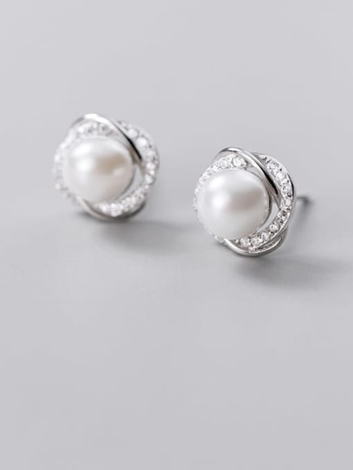 Rosh 925 Sterling Silver Imitation Pearl Flower Minimalist Stud Earring 0