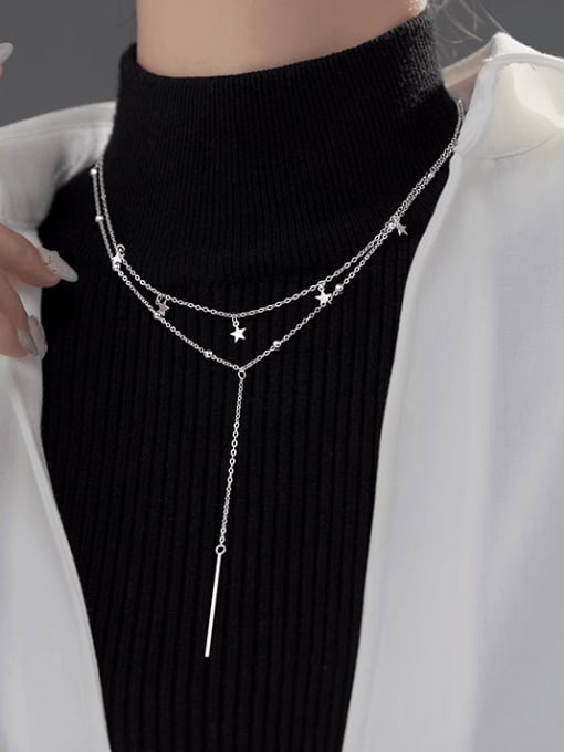 Rosh 925 Sterling Silver Tassel Minimalist  Double Layer Chain Lariat Necklace 0