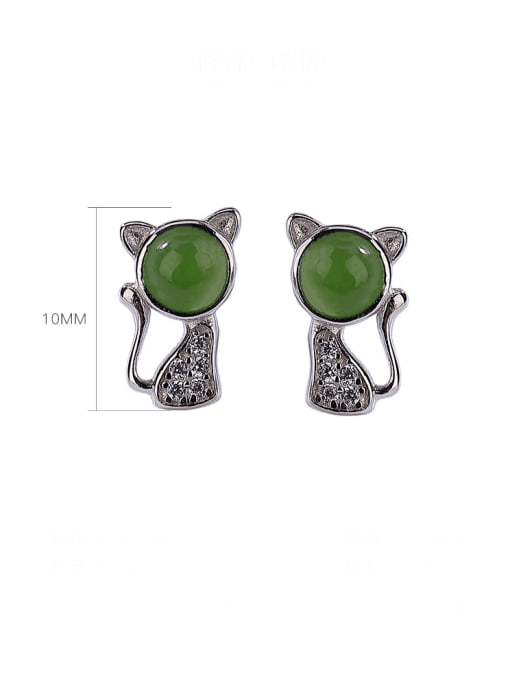 DEER 925 Sterling Silver Jade Cat Vintage Stud Earring 3