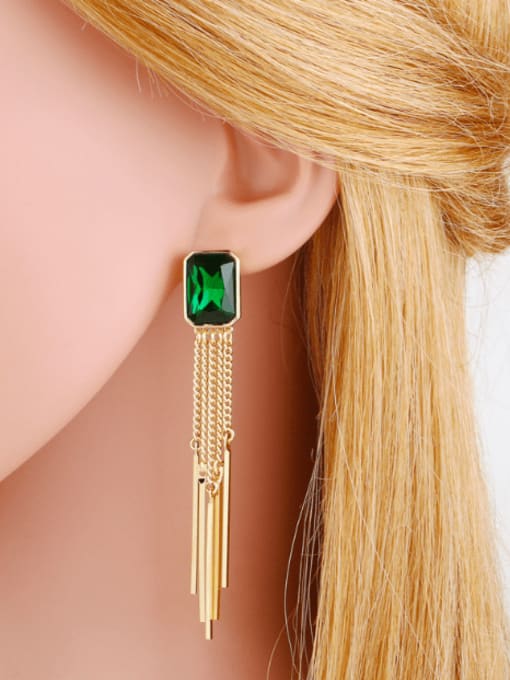 CC Brass Glass Stone Tassel Minimalist Drop Earring 1