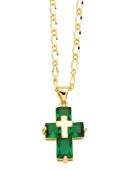 green Brass Cubic Zirconia Cross Minimalist Necklace