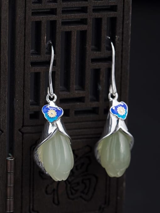 SILVER MI 925 Sterling Silver Jade Flower Vintage Hook Earring 1