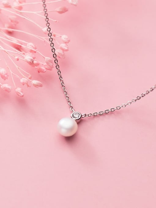 Rosh 925 Sterling Silver Imitation Pearl Simple Round Bead Pendant Necklace