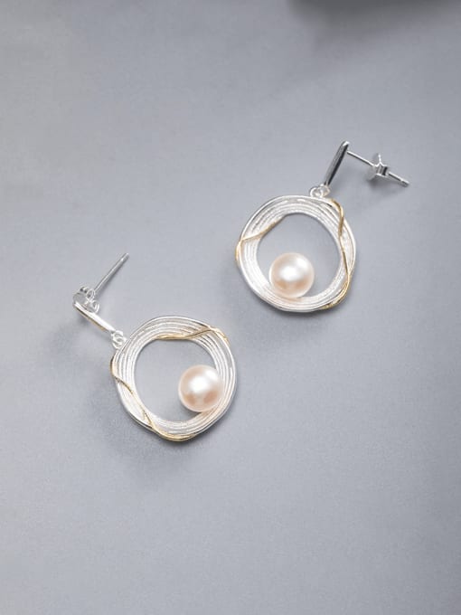 SILVER MI 925 Sterling Silver Freshwater Pearl Geometric Minimalist Drop Earring 2