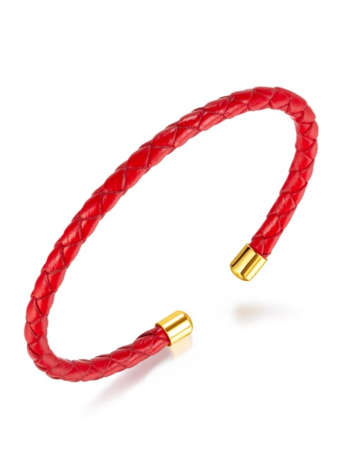 1525 Bracelet Big Red Titanium Steel Artificial Leather Weave Minimalist Cuff Bangle