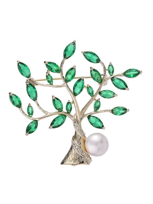 green Brass Cubic Zirconia Tree Flower Luxury Brooch