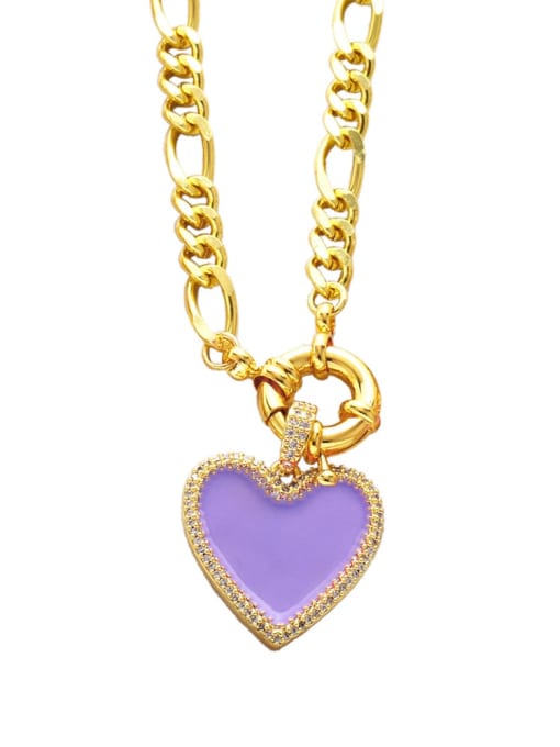 purple Brass Cubic Zirconia Enamel Heart Vintage  Hollow Chain Necklace