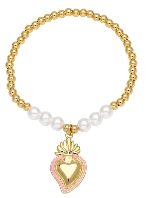 Pink Brass Enamel Heart Vintage Handmade Beaded Bracelet