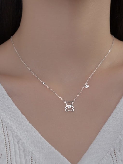 Rosh 925 Sterling Silver Cubic Zirconia Hollow  Bear Minimalist Necklace 1