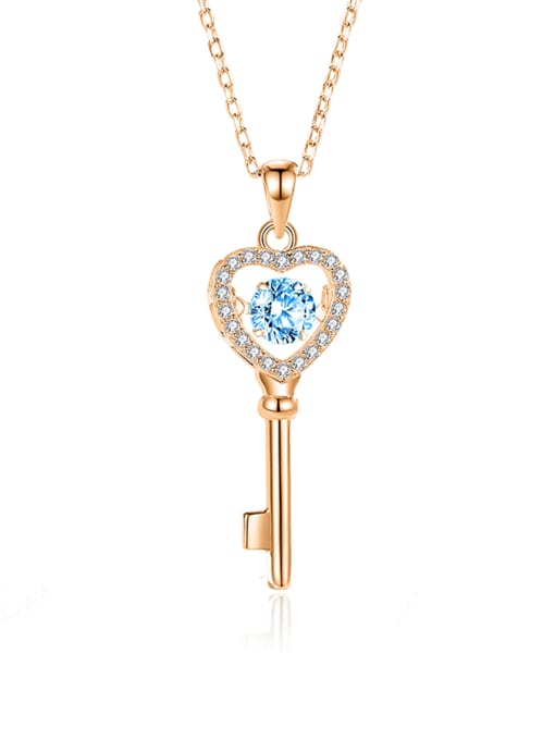 FDTD 032  Rose Gold+Blue  Zircon 925 Sterling Silver Moissanite Key Dainty Necklace