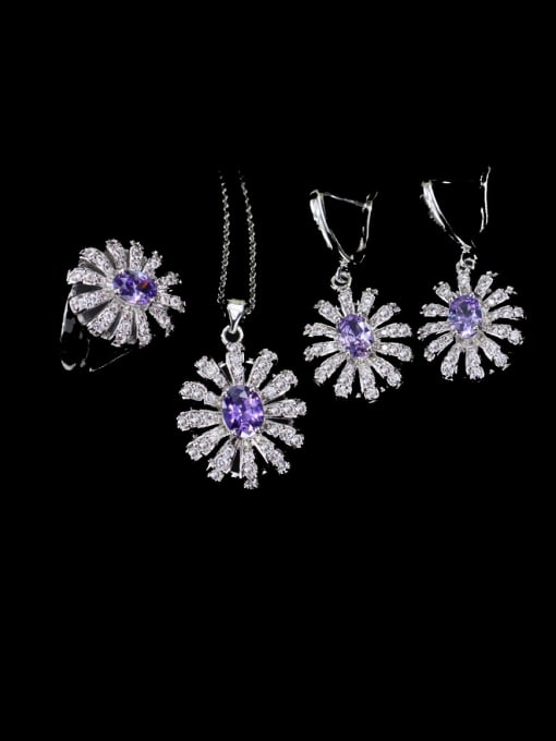 L.WIN Brass Cubic Zirconia Luxury Flower  Earring Ring and Necklace Set 3