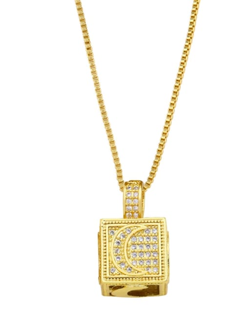 D (Moon) Brass Cubic Zirconia Star Vintage Square Pendant Necklace