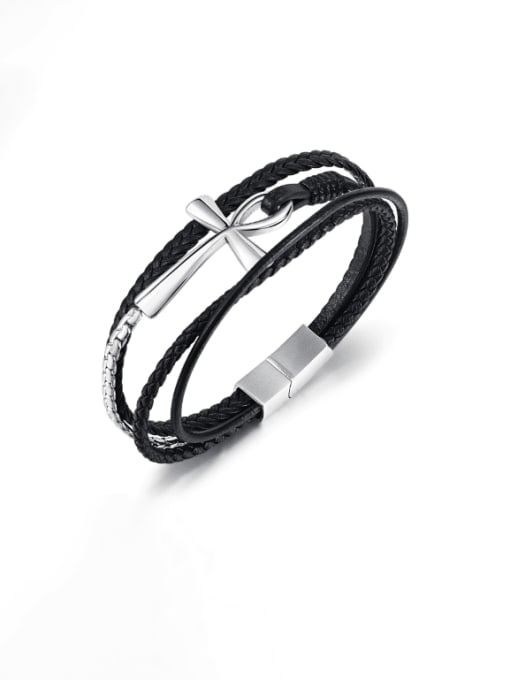 Bracelet Steel Color Titanium Steel Artificial Leather Weave Minimalist Strand Bracelet