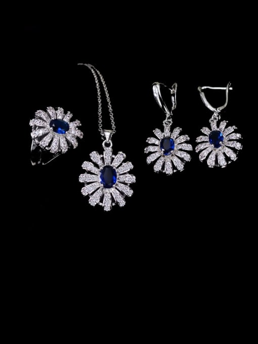 Royal Blue Ring Size 6 Brass Cubic Zirconia Luxury Flower  Earring Ring and Necklace Set