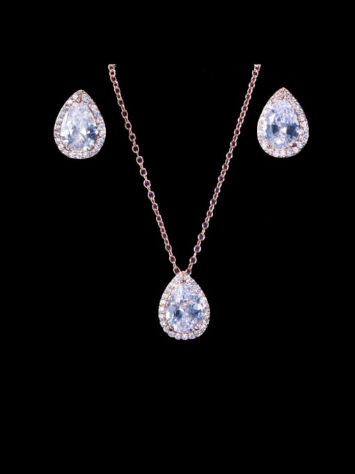 rose gold Brass Cubic Zirconia Luxury Water Drop  Earring and Necklace Set