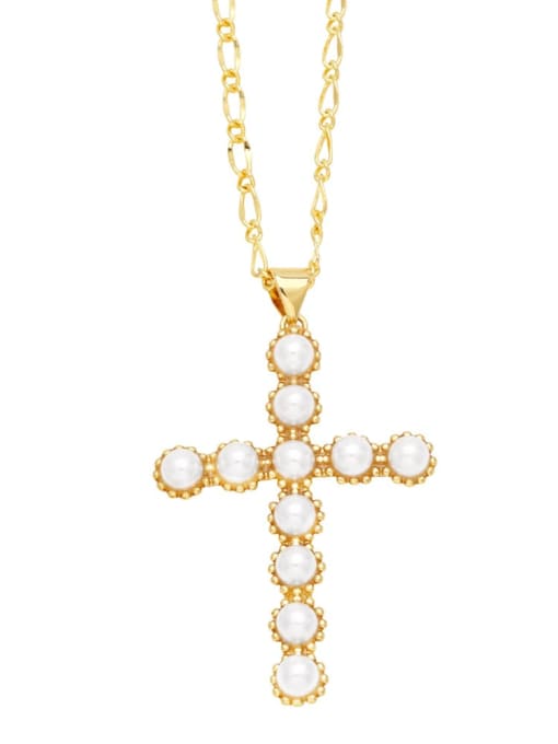 CC Brass Imitation Pearl Cross Hip Hop Regligious Necklace 3