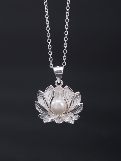 SILVER MI 925 Sterling Silver Imitation Pearl  Vintage Lotus Pendant Necklace 0