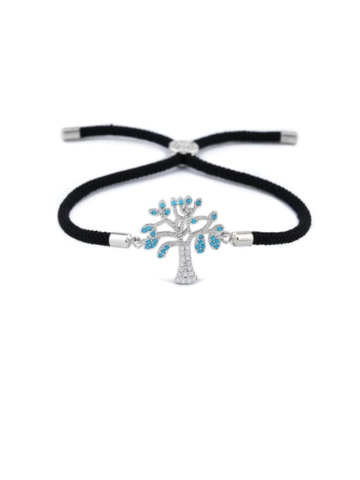 Black rope Silver Brass Cubic Zirconia Tree Minimalist Adjustable Bracelet