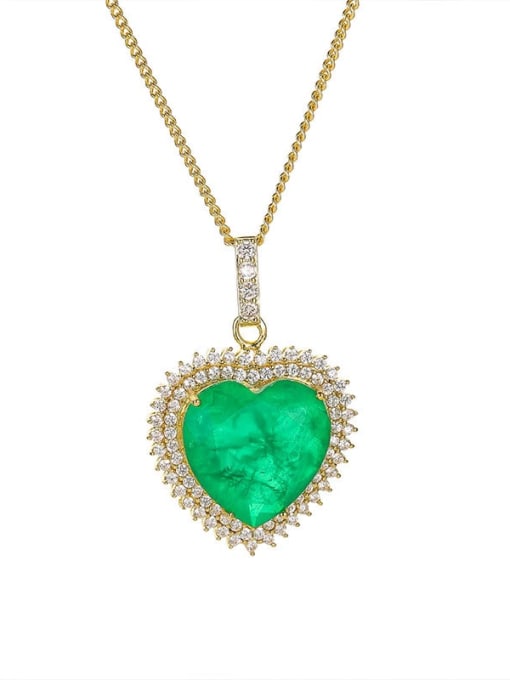 Gold Emerald Pendant Brass Glass stone Heart Luxury Necklace