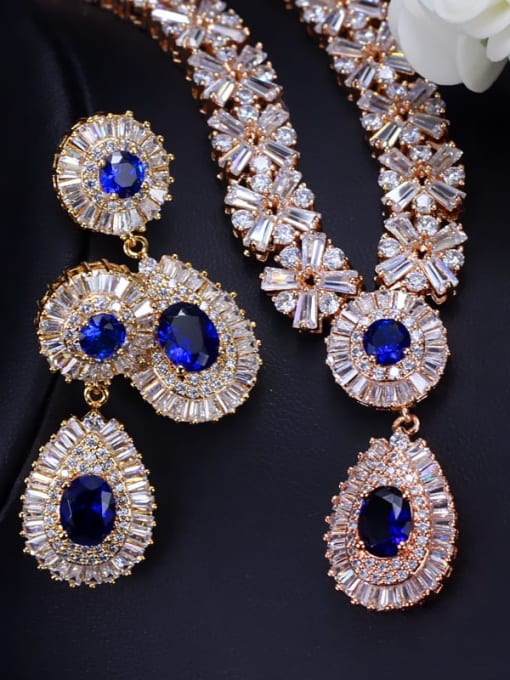 Champagne Gold Blue zirconium Brass Cubic Zirconia Luxury Geometric Earring and Necklace Set