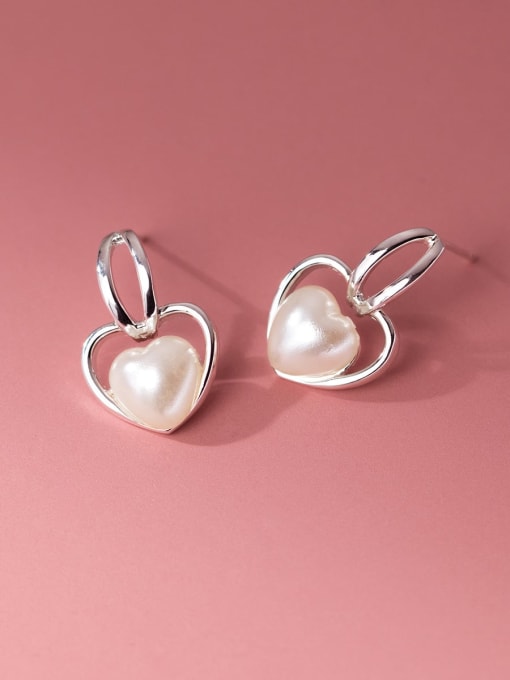 silver 925 Sterling Silver Imitation Pearl Heart Minimalist Drop Earring