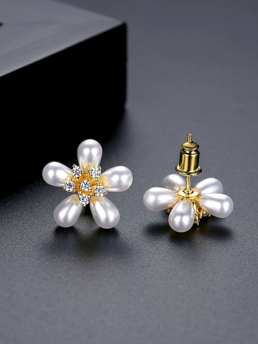 BLING SU Brass Freshwater Pearl Flower Minimalist Stud Earring 2