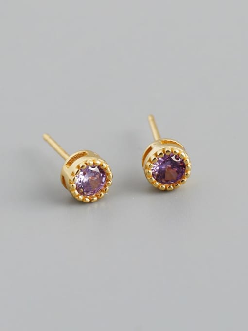 Purple stone (gold) plastic plug 925 Sterling Silver Cubic Zirconia Round Minimalist Stud Earring