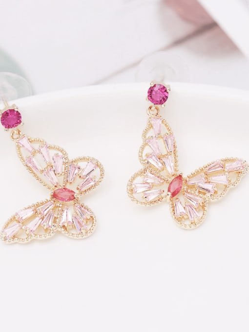Gold +Pink Brass Cubic Zirconia Butterfly Luxury Drop Earring
