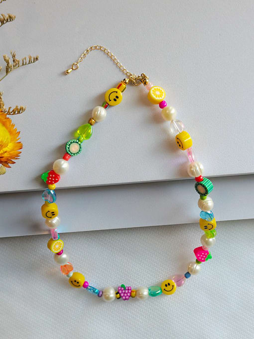 ZZX210002A Freshwater Pearl Multi Color Polymer Clay Smiley Bohemia Necklace