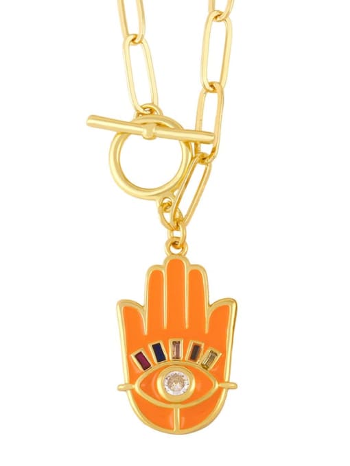 orange Brass Enamel Evil Eye Vintage palm Pendant Necklace