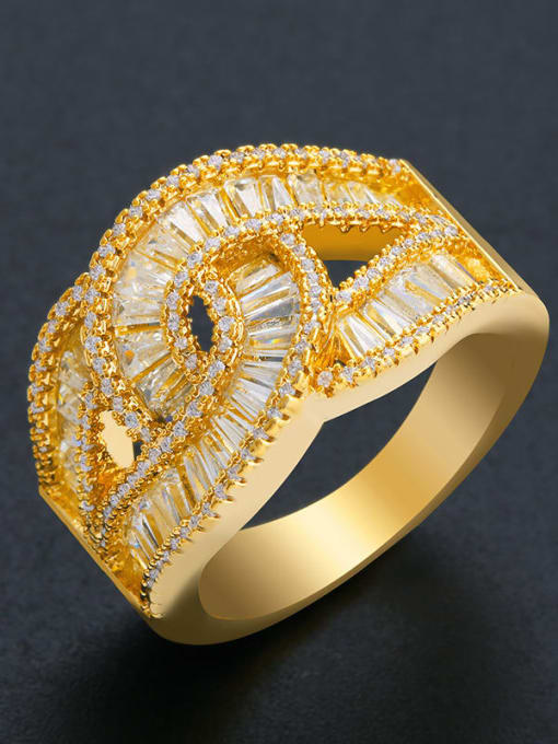golden Brass Cubic Zirconia Geometric Statement Band Ring