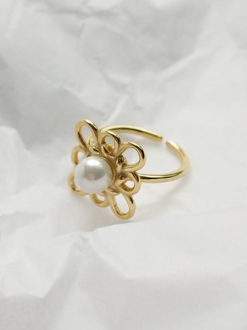 Boomer Cat 925 Sterling Silver Imitation Pearl Hollow  Flower Minimalist Free Size Band Ring 4