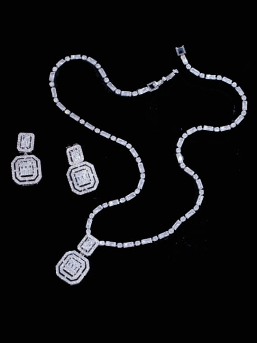 Platinum Brass Cubic Zirconia Luxury Geometric  Earring and Necklace Set