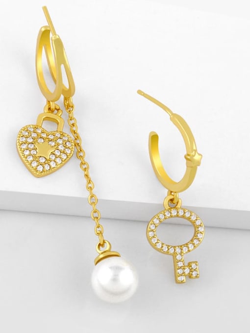 CC Brass Cubic Zirconia  Bohemia Asymmetrical key long C-shaped pendant Drop Earring 3