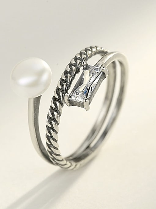 CCUI 925 Sterling Silver Freshwater Pearl White Geometric Vintage Stackable Ring 2