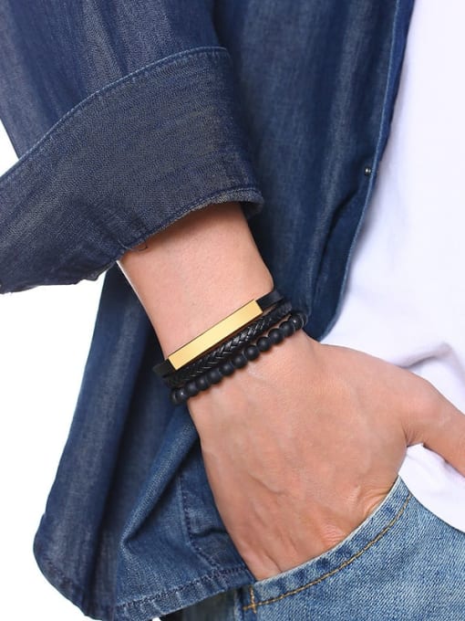CONG Stainless Steel With Black leather  Square Men's  Woven & Braided Bracelets 1