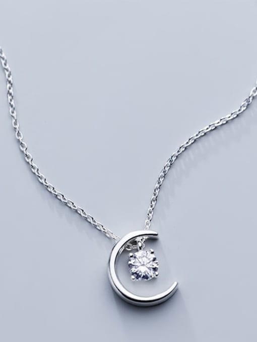 Rosh 925 Sterling Silver Simple Fashion Single Diamond Moon Pendant Necklace 1
